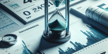 Radar Dividendos: ampulheta sobre relatório do Ibovespa simboliza giro fraco, queda das ações e foco na Selic — ações, dividendos, investidores, Bolsa Brasileira.